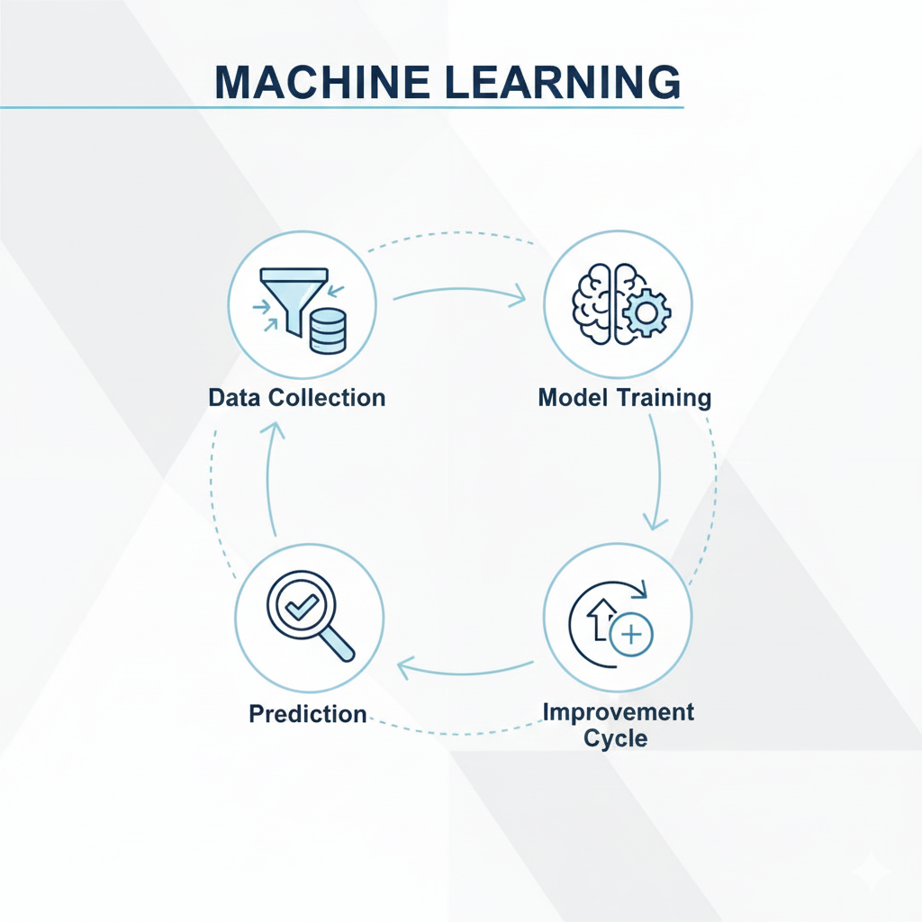 How machine learning works using data collection, model training, and prediction process