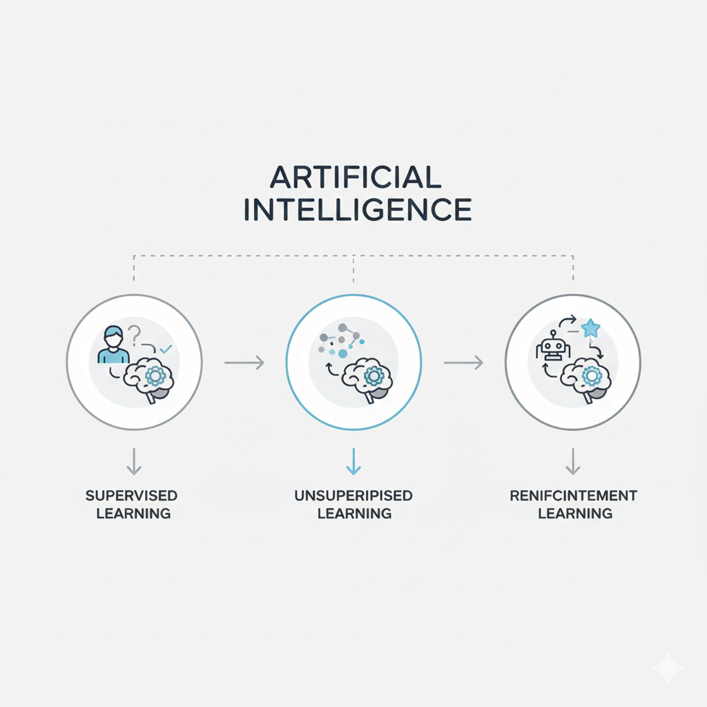 Types of machine learning including supervised learning, unsupervised learning, and reinforcement learning