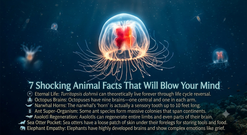 7 Shocking Animal Facts That Will Blow Your Mind: A mysterious deep-sea octopus floating in dark blue water.