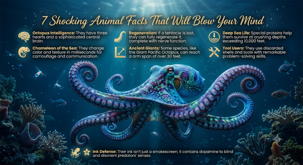 7 Shocking Animal Facts That Will Blow Your Mind: A mysterious deep-sea octopus floating in dark blue water.